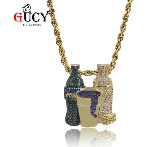 GUCY Double Sprite Bottle Purple Cup Hip Hop Pendant Necklace Gold Silver Color Cubic Zircon Mens Jewelry With 4mm Tennis Chain