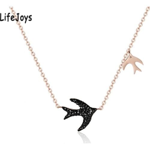 Black Swallow Necklace Stainless Steel Swallow Pendant Zircon Rhinestones Bird Jewelry For Women Rose Gold Trendy Cute Gift