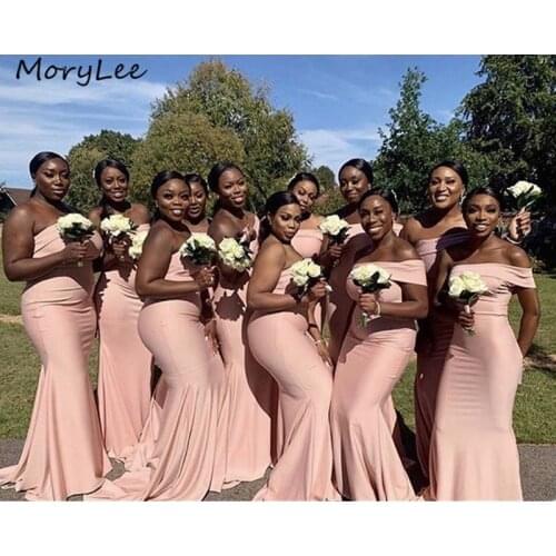 Pink Bridesmaid Dresses African Off The Shoulder Floor Length Sweep Train Silk Satin Wedding Party Bridemaid Dresses