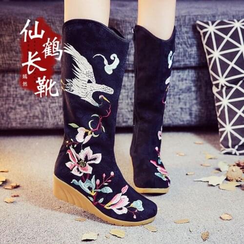 Crane boots single boots canvas jacquard cotton Chinese style rosefinch peacock embroidered short boots womens single boots