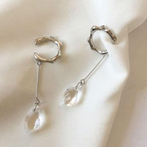 Vintage Silver Color Long Chain Tassel Crystal Earcuff Chic Geometric Letter C Ear Cuff Clip on Earrings for Women Girl Gifts