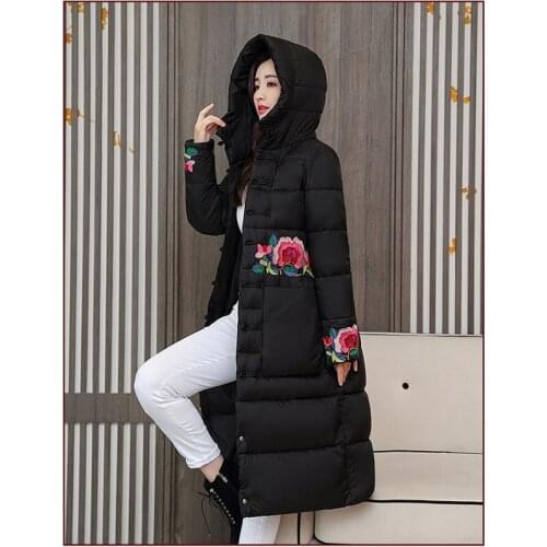 Chic Parka Jacket Womens Winter Floral Embroidery Boho Coats Snow Wear Hooded Jacket Female Vintage Long Coat Parkas