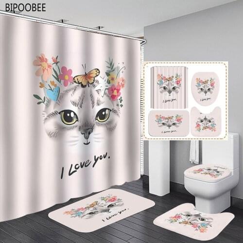 Funny Shower Curtain Cute Cat Toilet Cover Bath Mats Set Butterfly Flower Anti-slip Carpet Durable Waterproof Bathroom Curtains