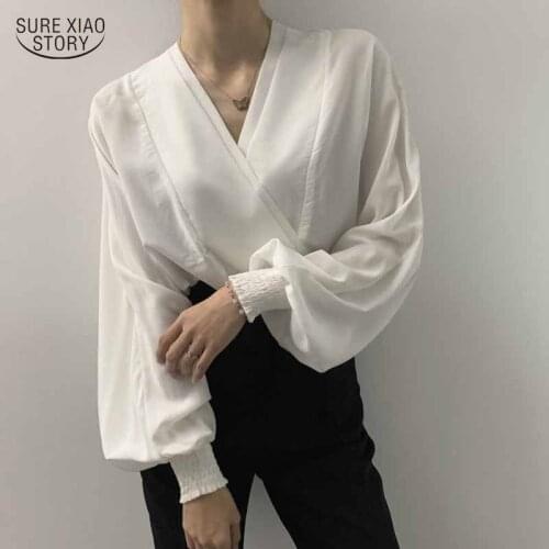 Autumn Fashion Cross V-neck Casual Loose Blouse Women Pleated Top Woman Elegant Lantern Long Sleeve White Shirts Womens 16433