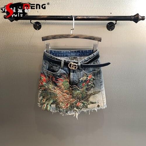 2021 Summer New Embroidered Phoenix Women Short Denim Skirt Korean Style Loose Straight Fashion Ladies Mini Jeans Mini Skirt