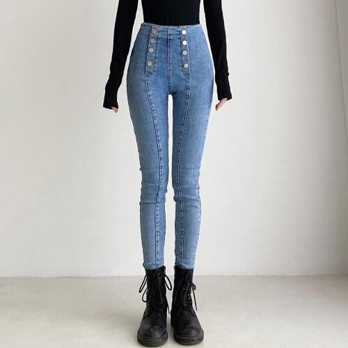 2020 Autumn Winter Women High Waist Jeans Mom Vintage Black Blue Skinny Pencil Pants Streetwear Denim Trousers Buttons Clothes