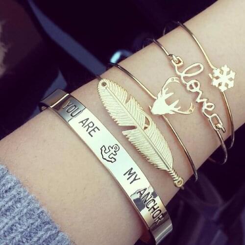 Women Fashion Bohemian Retro Punk New leaf snowflake love deer antlers cuff bangle set fashion jewelry gifts 1set=4pieces