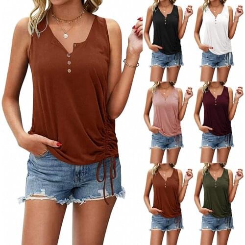 Womens Solid Color U-neck Casual Tops Sexy Single-breasted Half-opening Blouses Drawstring Slimming Ladies Vest T-shirt Femelle