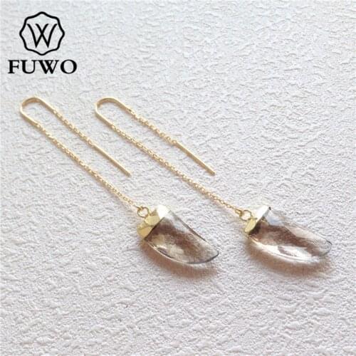 FUWO Natural Smoky Clear Quartz Earrings With 24K Gold Filled Fashion Gem Stone Threader Earrings For Women ER011