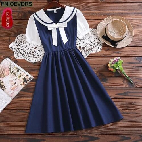 2021 Summer Cute Sweet Girls Vestidos Women Fashion Short Sleeve Peter Pan Collar Japanese Style Retro Vintage Navy Blue Dress
