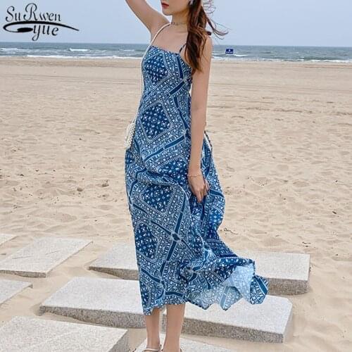 Beach Style Summer Bohemian Dress For Women 2021 Cross Bandage Sexy Dress Female Spaghetti Strap Print Long Dresses Robe 13237