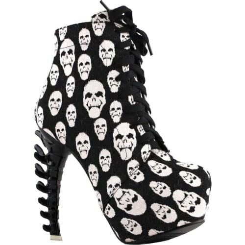 LF80647 SHOW STORY Punk Lace Up Back Zip High-top Bone High Heel Platform Ankle Boots