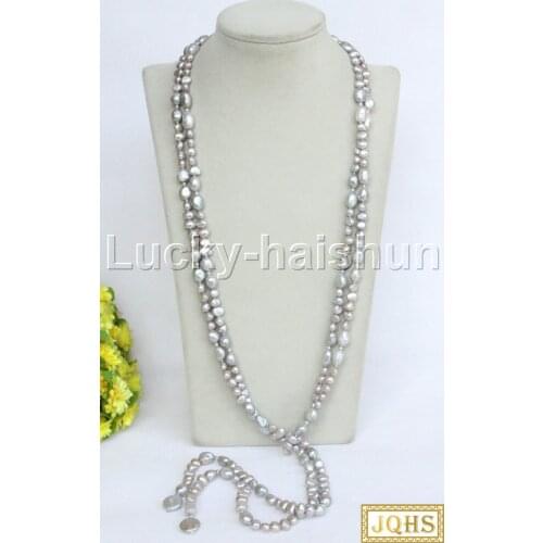 JQHS Long Baroque 77" 10mm Freeform potato gray freshwater pearls Beaded Strand knotted necklace j11746