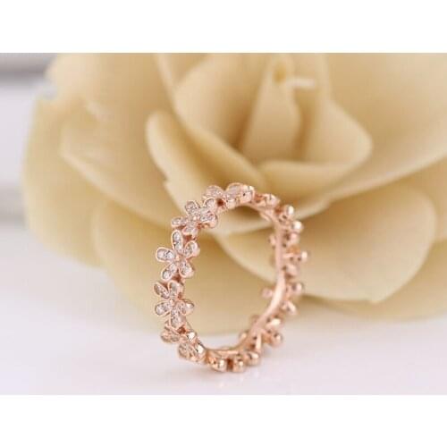 Real 925 Sterling Silver Ring Rose Gold Dazzling Daisy Flower With Crystal Ring For Women Wedding Party Fashion Jewelry