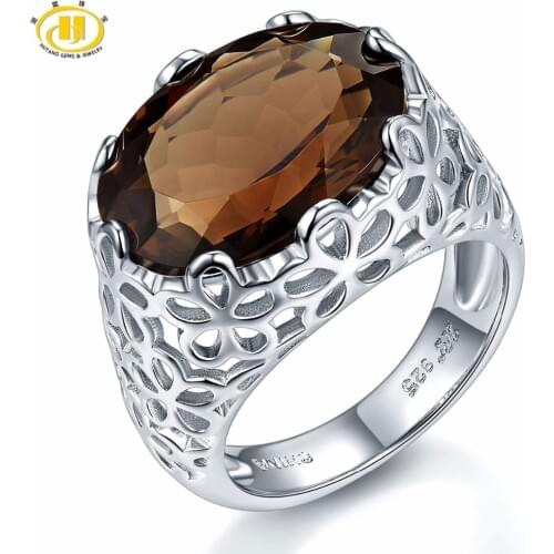Hutang 8.5ct Natural Smoky Quartz Rings Filigree Cocktail Wedding Ring 925 Sterling Silver Gemstone Fine Jewelry for Womens New
