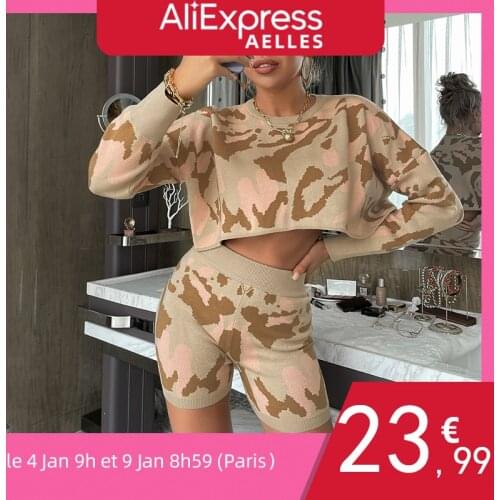 Glamaker Camouflage pattern 2 piece sets Knitted Pullover sweater crop top and shorts Chic office ladies bodycon fashion suits