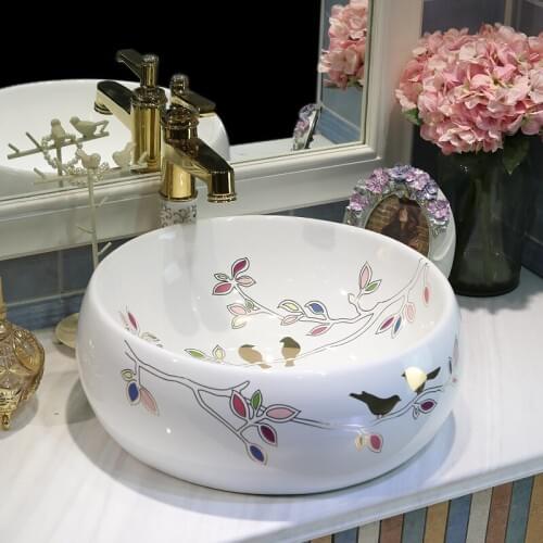Round bird pattern Porcelain bathroom vanities chinese Art Counter Top ceramic decorative art wash basin bathroom sinks