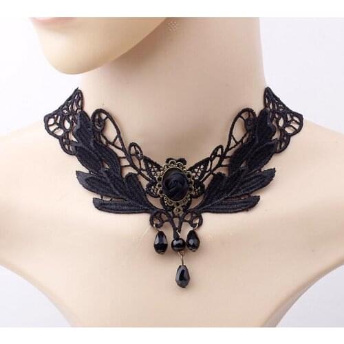 JINGLANG Fashion Lace Rope Chain Chokers Necklace Dangle Alloy Water Drop Charms Short Statement Necklaces Women Jewelry