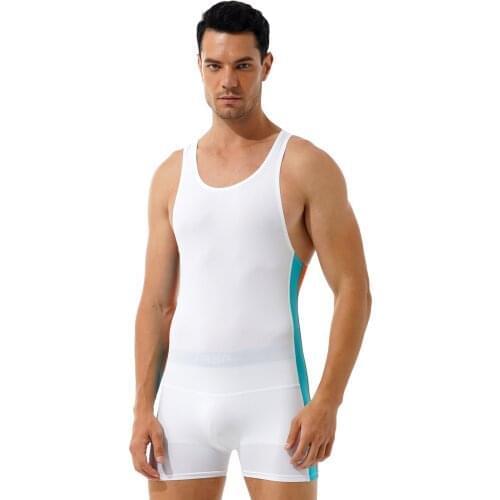 Men Contrast Color Stripe Casual Clothes Athletic Wrestling Skinny Bodysuit Stretchy Leotard Round Neck Sleeveless Sports Wear