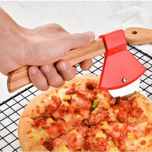 Stainless Steel Axe Bamboo Handle Pizza Cutter Rotating Blade Home Kitchen Cutting Tool Pizza Knife for Pizza Pies Waffles