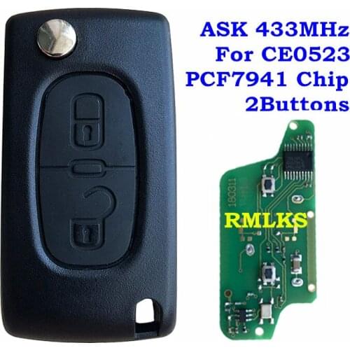 For CE0523 Flip Remote Car Key 2 Buttons For Peugeot For Citroen ASK 433 MHz ID46 PCF7941 HU83 VA2 Blade