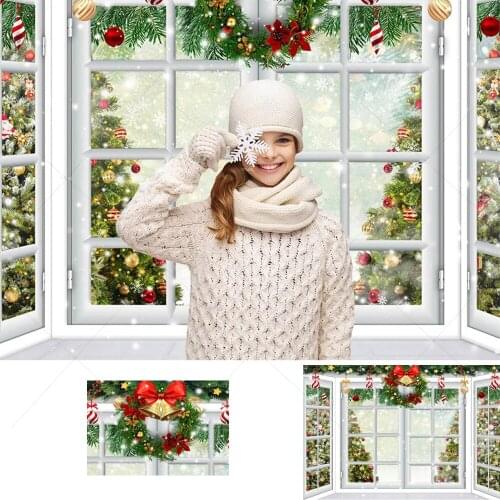 Christmas Window Snow Photography Backdrop Christmas Trees Green Wreath Background Bokeh Snowflake Portrait Photo Studio Props