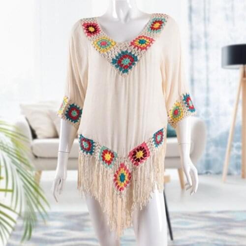 Sexy Beach Cover Up Dress Flare Sleeve Long Bathing Dresses Red White Tassel Beachwear Bikini Cover Up Solid Hollow Out Dress