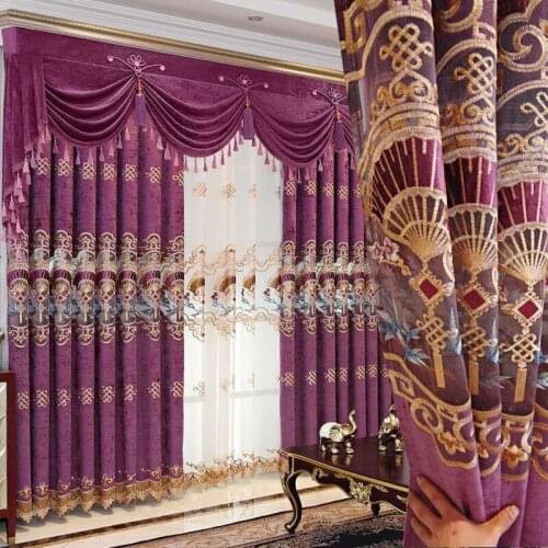 Advanced Chenille Purple Curtains for Living Room Bedroom Villa Embroidered Shading Curtains Tulle European Curtains Valance