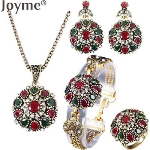 Vintage Rhinestone Bridal Necklace Sets Earrings For Women Jewelry Set Bohemian Rings Wedding Turkish Nigerian Red Jewellery