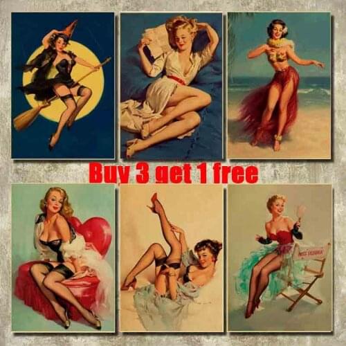 Vintage Kraft Paper Poster Pub Kitchen Bedroom Decoration Wall Stickers Pin Up Girl Posters and Prints for Home Bar Decor