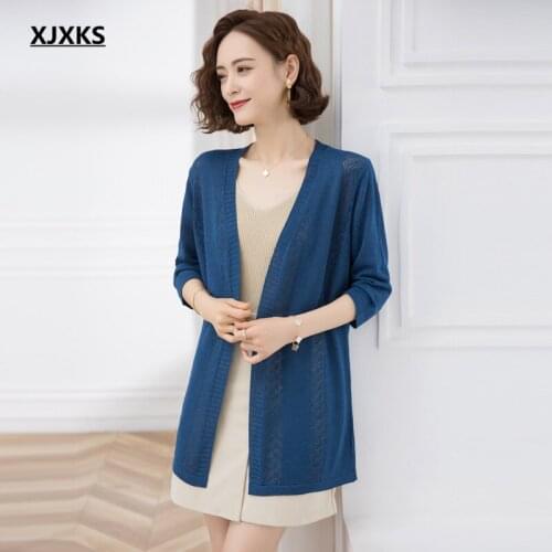 XJXKS 2021 summer new three-quarter sleeve women sun protection clothing comfortable linen knitted cardigan women thin sweater