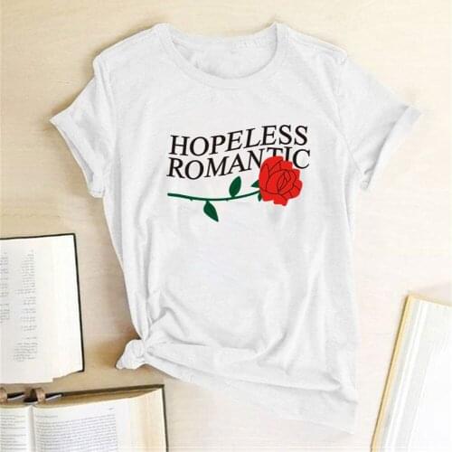 Hopeless Romantic Rose Print T-shirts Women Summer Graphic Tee Streetwear Casual Harajuku Top Round Neck Aesthetic Clothes Femme