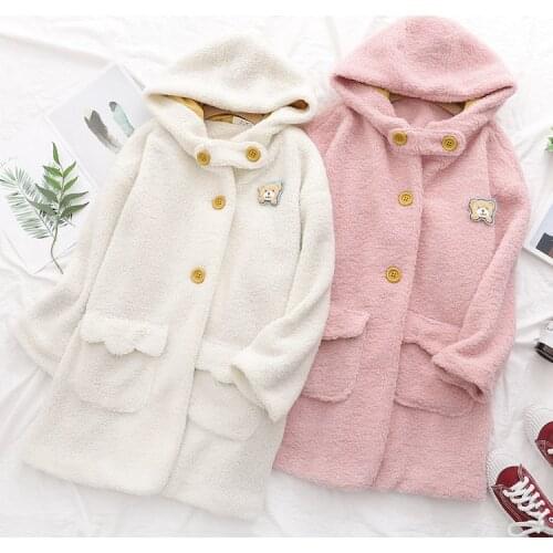 Winter Women Kawaii Long Coat Cute Hooded Jacket Kawaii Bear Teenage Girl Warm Plush Overcoat White Pink Lamb Fluffy Outwear