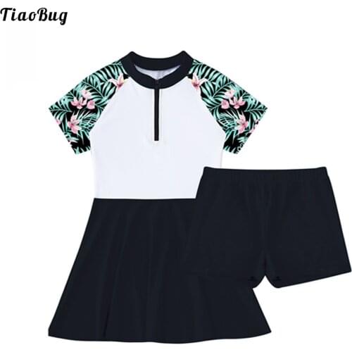 TiaoBug Summer 2Pcs Kids Girls Swimsuit Stand Collar Short Sleeves Front Zipper Knee Length Swimming Dress With Shorts Swimwear