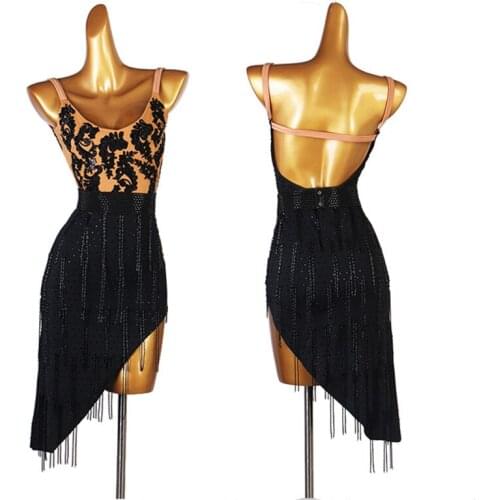 Black fringe latin competition dress Rumba cha cha salsa tango dance dress S-XXXL lq264