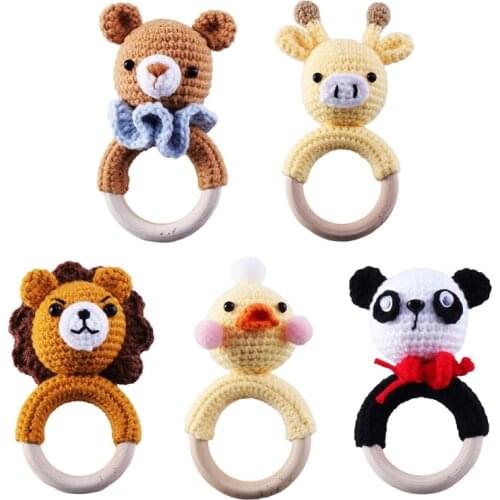 Baby Wooden Rattle Toy DIY Crochet Animal Teether Gym Music Rattle Ring Soother