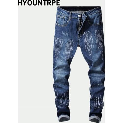 Mens Fashion Embroidery Slim Fit Motorcycle Vintage Denim Zipper Jeans Hip Hop Casual Autumn Streetwear Long Biker Pants
