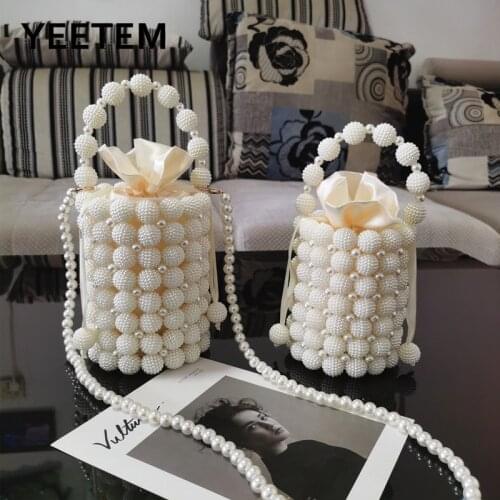 French Bamboo Weaving Woven Bag Beaded Pearl Bag Mobile Phone Bucket Bag Womens Bags Handbags Pearl Crossbody Bag