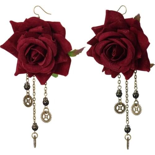 Gothic Dangle Earrings Medieval Retro Vampire Red Rose Lace Elegant Party Drop Earring Women Jewelry