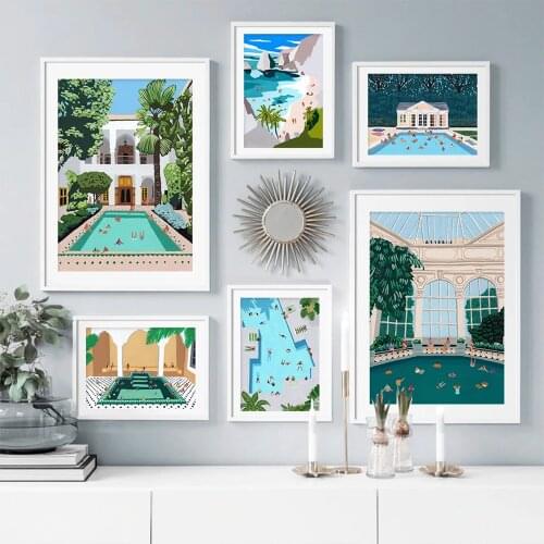 Swimming Pool Summer Seaside Vacation Illustration Canvas Painting Wall Art Poster Prints Picture Living Room Nordic Home Decor