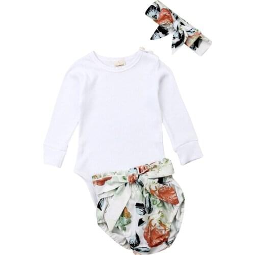3PCS Newborn Kid Baby Girl Clothes Tops Romper+Flower Shorts Pants Outfit Set Romper Flower Shorts Pants Headband Outfit