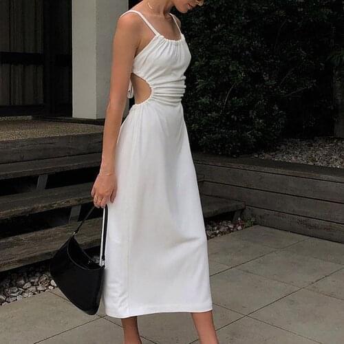 White Midi Backless Dress Women Hollow Out 2021 Summer Bandage Sexy Beach Spaghetti Strap Black Casual Dresses robe white dress