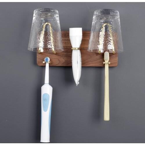 Wood And Metal Bathroom Cup Holder Wall-mounted Bathroom Accessories Storage Rack Toothbrush Mug Cup Holder Brass + Black Walnut
