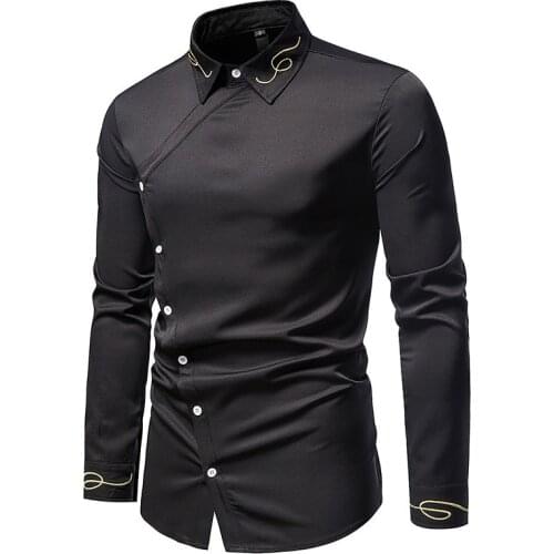 New European mens shirt, trend embroidery asymmetric long sleeve shirt, mens shirt