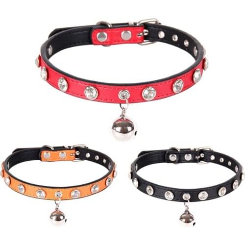 Rhinestone PU Leather Dog Cat Collar with Bells Pet Accessories Crystal Diamond Dog Collar and Leash for Small Dogs Gift