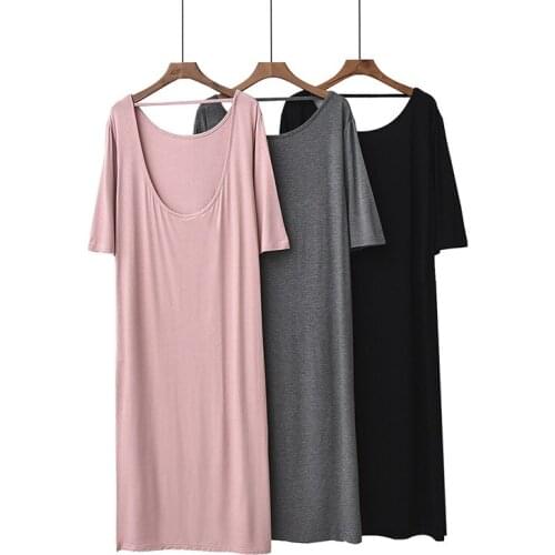 Women Modal Nightdress Summer Sexy Backless Big Round Neck Home Wear Simple Loose Dress Solid Color Lady Short Sleeves Tees