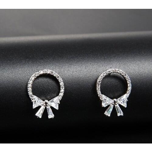 LADYCHIC Cute Bowknot Stud Earrings for Women Wedding Party Silver Color Round Micro Paved Zircon Earring Jewelry Gift LE1403