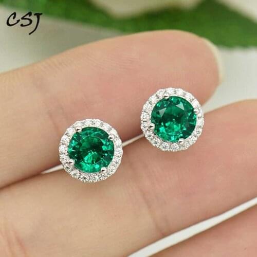 CSJ Solid 14K Lab Created Colombia Emerald "CCE" Earring Halo Moissanite Fine Jewelry For Women Lady Gift