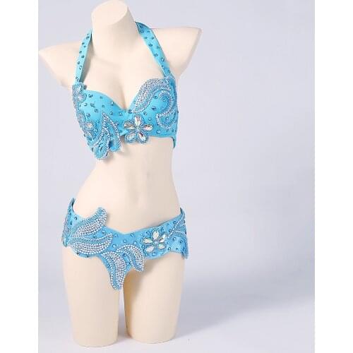 Stage & Dance Wear Women Oriental Dance Sequin Beaded Bra and Belt Bellydance Suit 2pcs Rhinestones Costume for Belly Dance