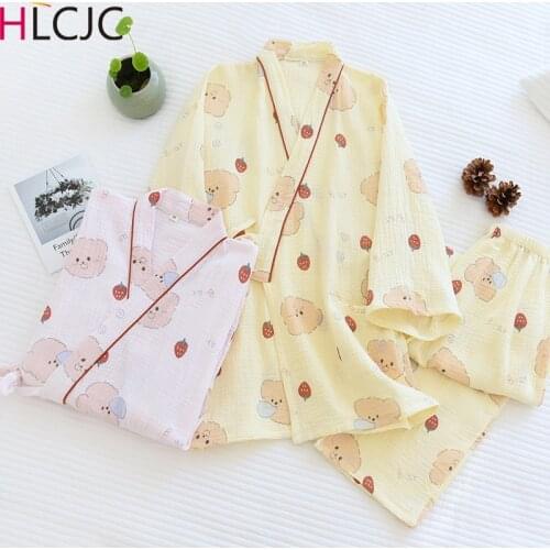 New 100% Cotton Crepe Women Long Sleeved Trousers Pajama Set V-Neck Bears Printing Pajamas Kimono 2 Piece Soft Household Suit
